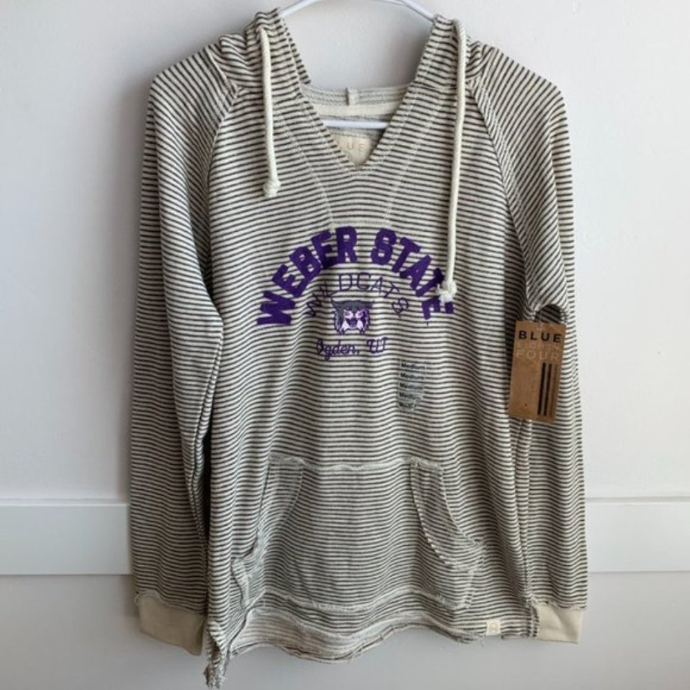 Blue 84 Womens Striped Cream & Black Hoodie with Purple Weber State Graphic